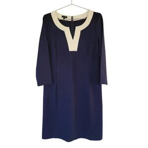 Talbots Shift Dress Navy Ivory Notched Neckline 3/4 Sleeve Size 8 Classic